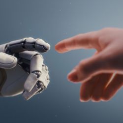 Futuristic Concept of Humanity and Artificial Intelligence Collaboration: Visualization of Humanoid Robot and Human Touching Fingertips, Creating Glowing Light. People and Robots Working Together.