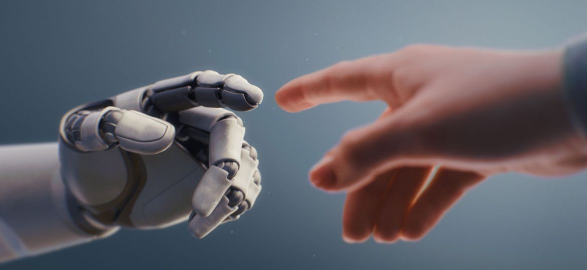 Visualization of Humanoid Robot and Human Touching Fingertips, Creating Glowing Light