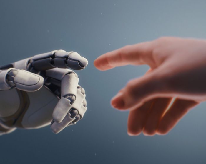 Visualization of Humanoid Robot and Human Touching Fingertips, Creating Glowing Light